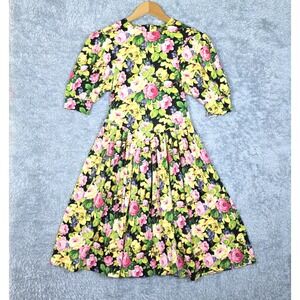 Vintage 90s EXPO Floral Midi Dress Basque Waist Puff Sleeve Cabbage Rose‎ Size S